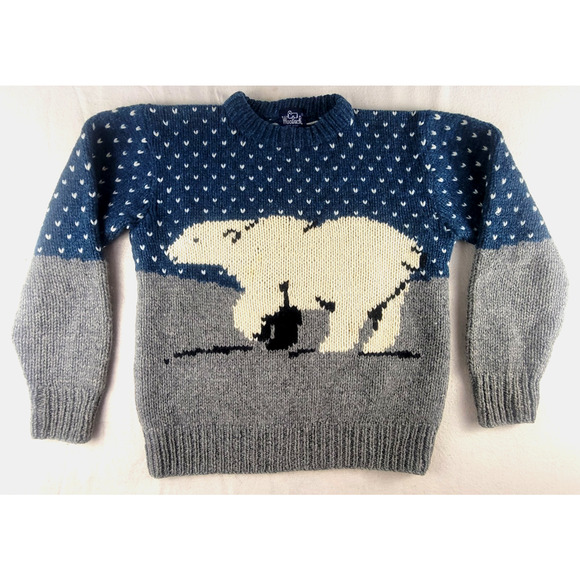Vintage Woolrich 80s Polar Bear Sweater Thick Wool Blue Gray Winter Ski Cabin - Picture 1 of 9